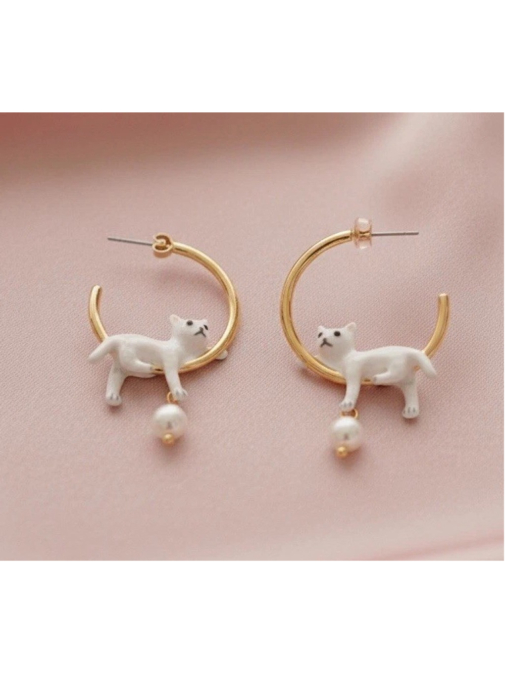 Cat Pearl Hoop Earrings Bill Skinner STYLE Gold Enamel Statement Boho Animal VTG